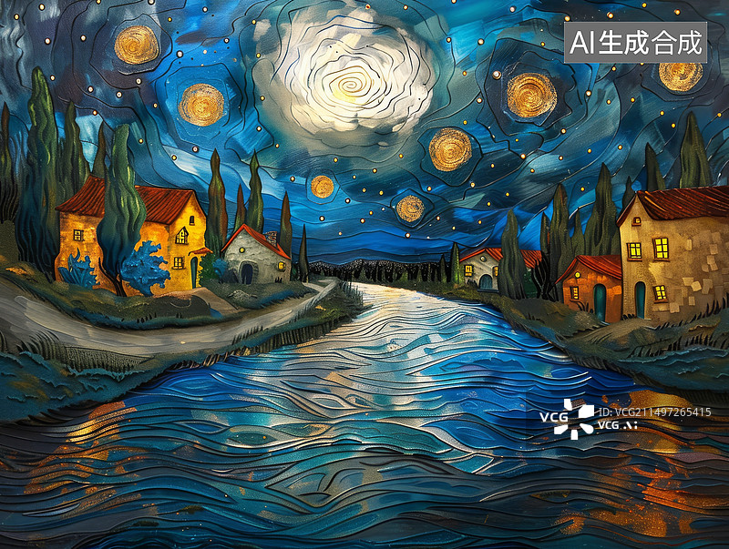 【AI数字艺术】星空插画下的村庄房屋插画图片素材