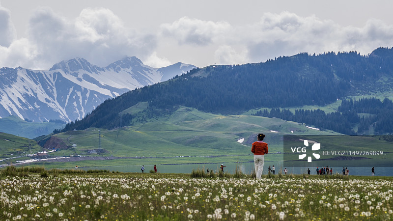 赛里木湖边游玩的人们图片素材