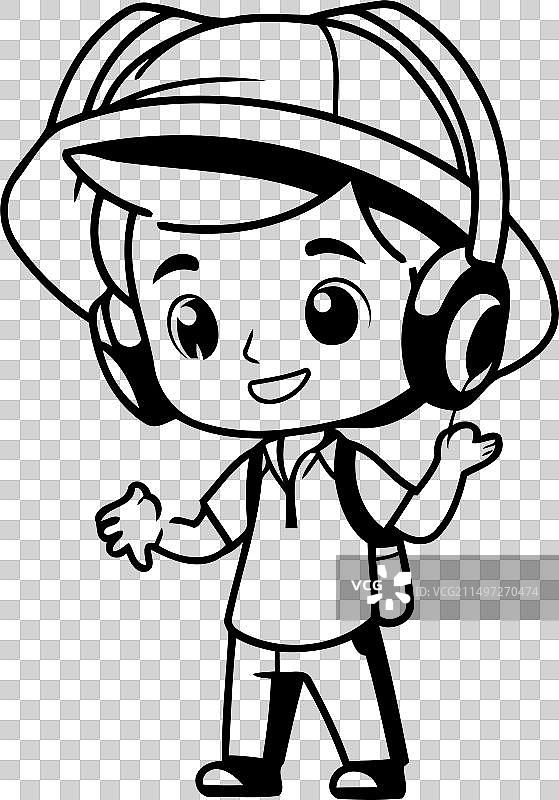 戴着狩猎帽和耳机的可爱男孩图片素材