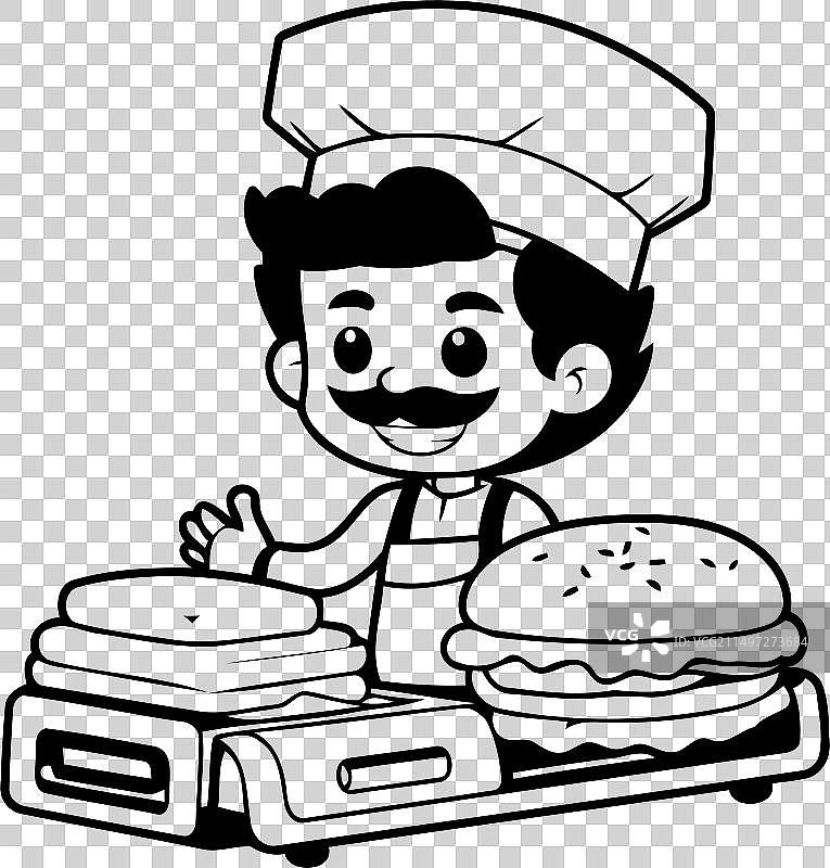 卡通厨师与汉堡和秤图片素材