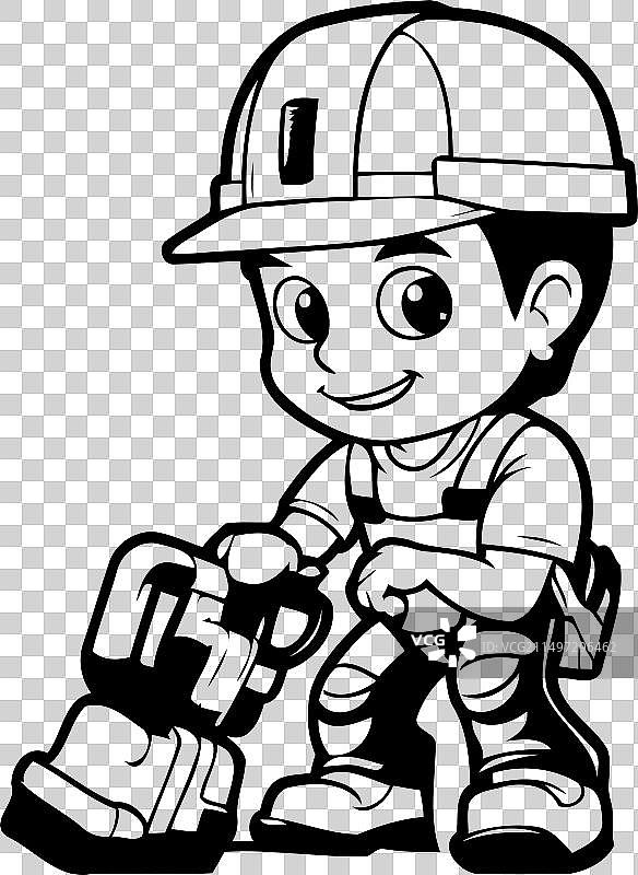 戴着施工头盔和工装裤的可爱男孩图片素材