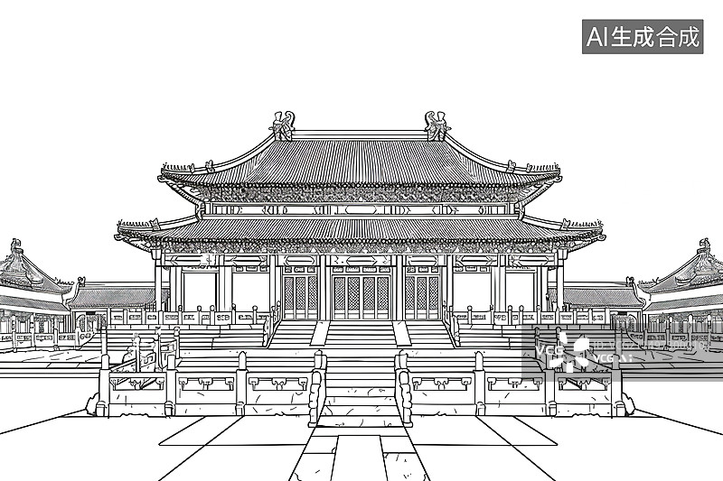 【AI数字艺术】中国传统建筑大殿庙宇线描图片素材