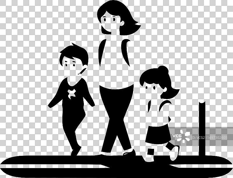 母亲和孩子们在扁平风格的道路上行走图片素材
