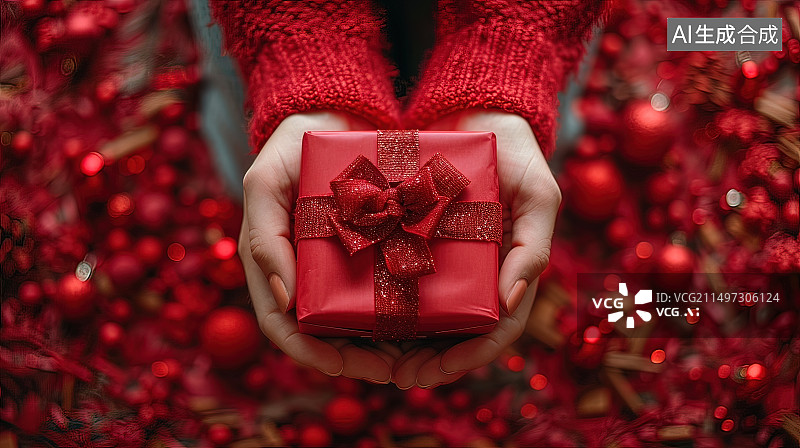 【AI数字艺术】一双手捧着红色礼盒礼品特写图片素材