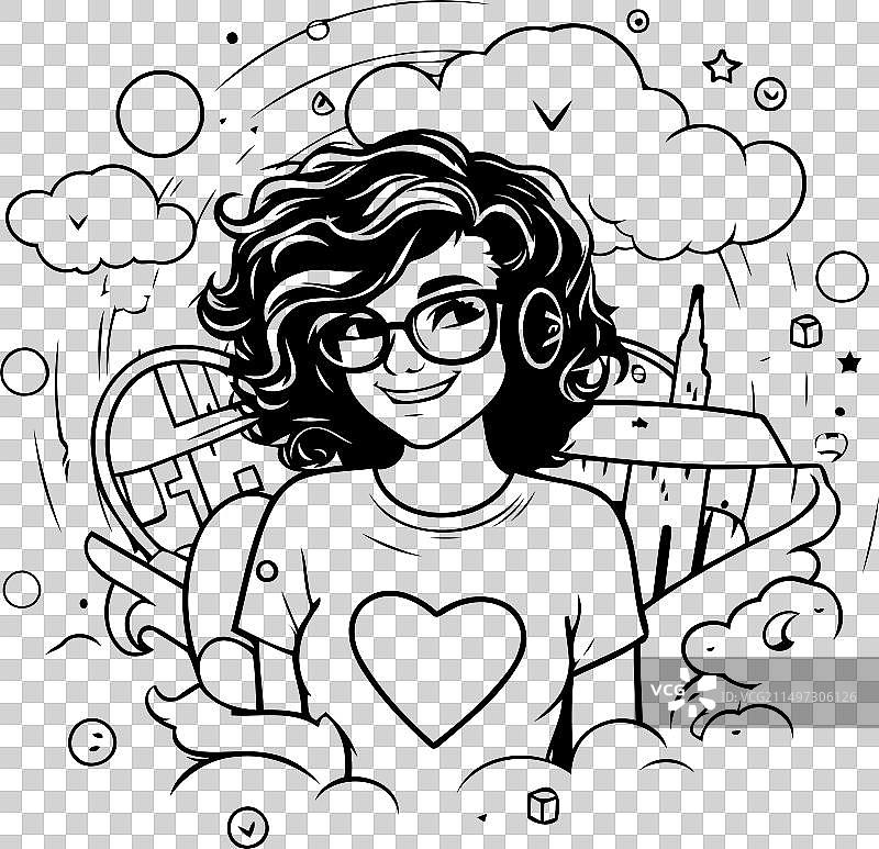 戴眼镜的可爱长卷发女孩图片素材