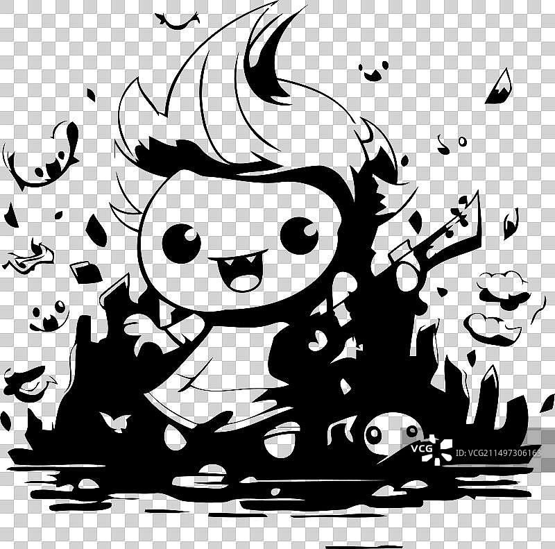 抱着吉他和蝴蝶的可爱小男孩图片素材