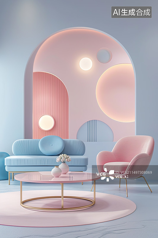 【AI数字艺术】蓝粉色系可爱温馨的室内家居客厅设计图片素材