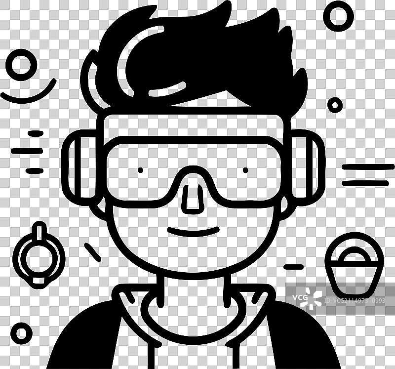 戴VR眼镜的男人扁平线条图片素材
