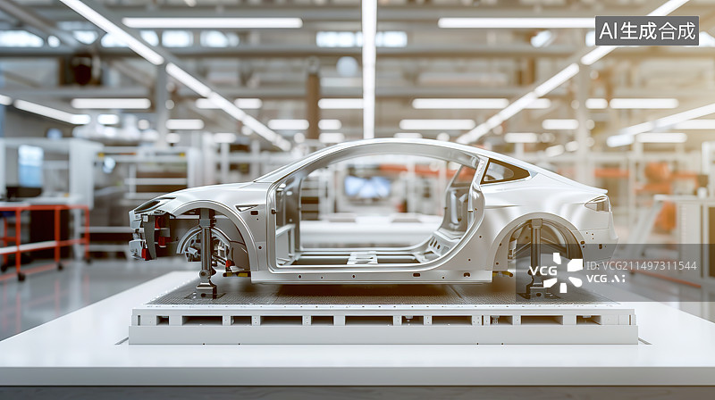 【AI数字艺术】白色现代工厂里的一台汽车车架——汽车工业制造设计概念图片素材