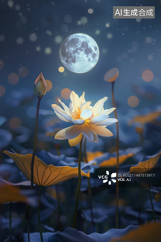 【AI数字艺术】圆月和荷花中秋节插画背景图片素材