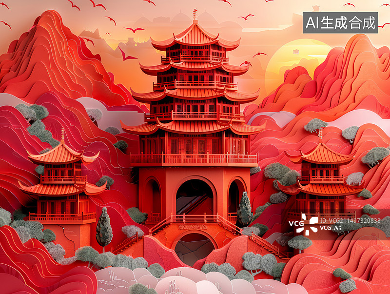 【AI数字艺术】中国风红色古建筑山水东方意境剪纸风格插画图片素材
