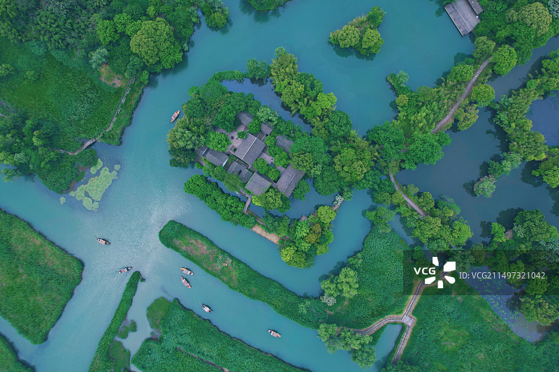 航拍西溪湿地精华西溪八景之一秋雪庵图片素材