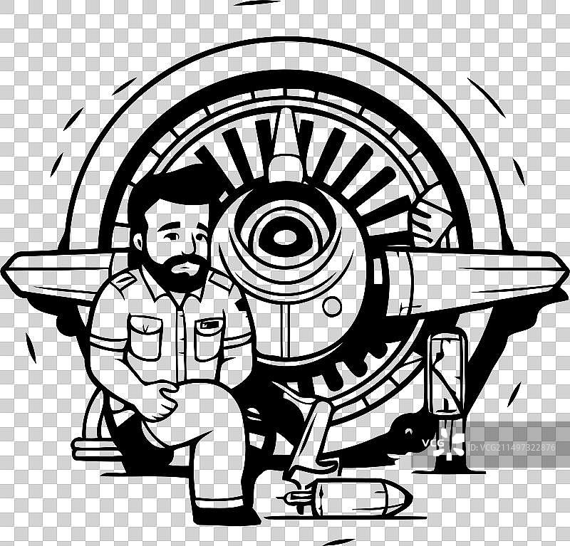 飞行员与笔记本电脑和喷气发动机圆形标志图片素材