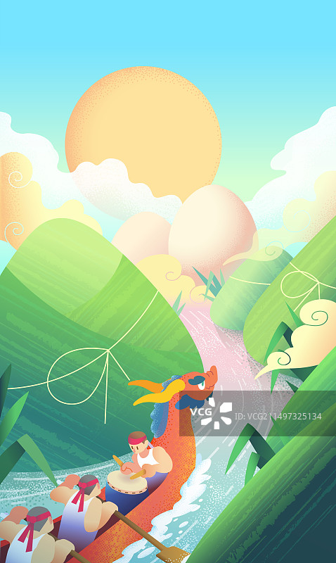 手绘端午节粽子山景观下龙舟赛图片素材