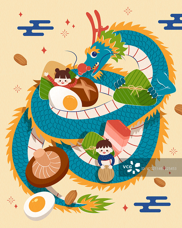 东方龙环绕着小孩与粽子食材 端午节插图图片素材
