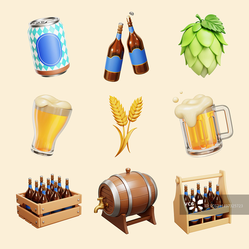 三维啤酒节啤酒饮品与酿造原料元素集合图片素材