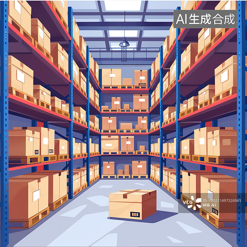 【AI数字艺术】仓库内的货架摆满箱子图片素材