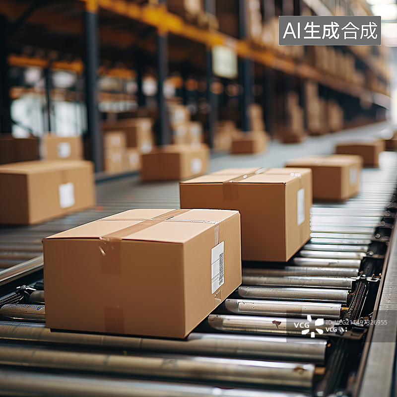【AI数字艺术】快递箱在传送带上分拣图片素材