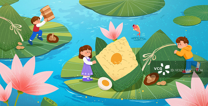 惬意端午节荷叶上的微型人物与粽子插图图片素材