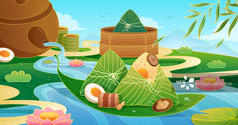 端午节美味粽子与户外景观插图图片素材