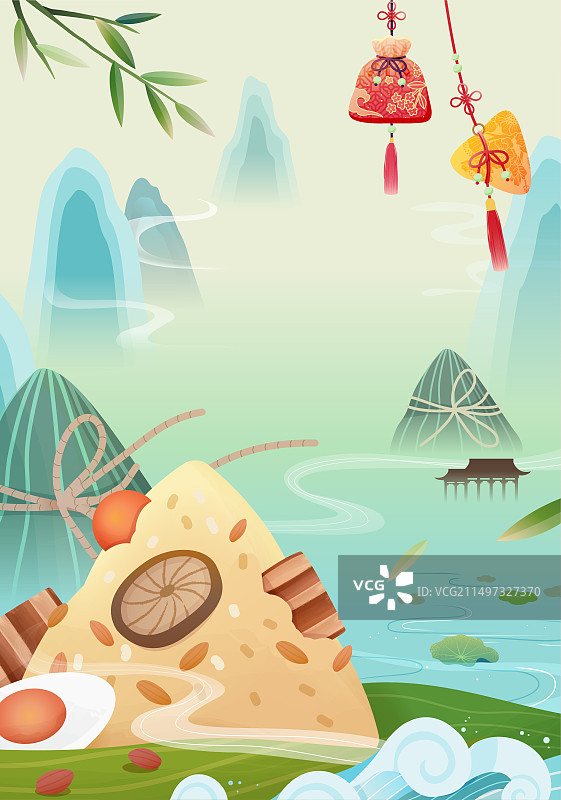 古色古香的山景与美味粽子 雅致端午节插图图片素材