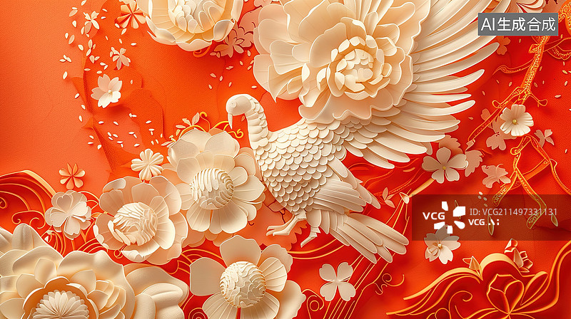 【AI数字艺术】国风红色立体纸雕图片素材