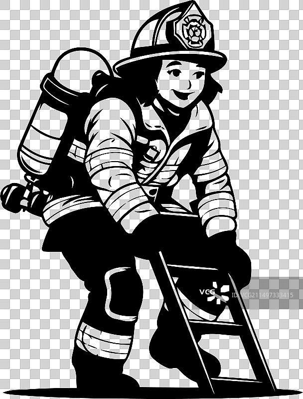 消防员身穿制服头戴头盔站在梯子上图片素材