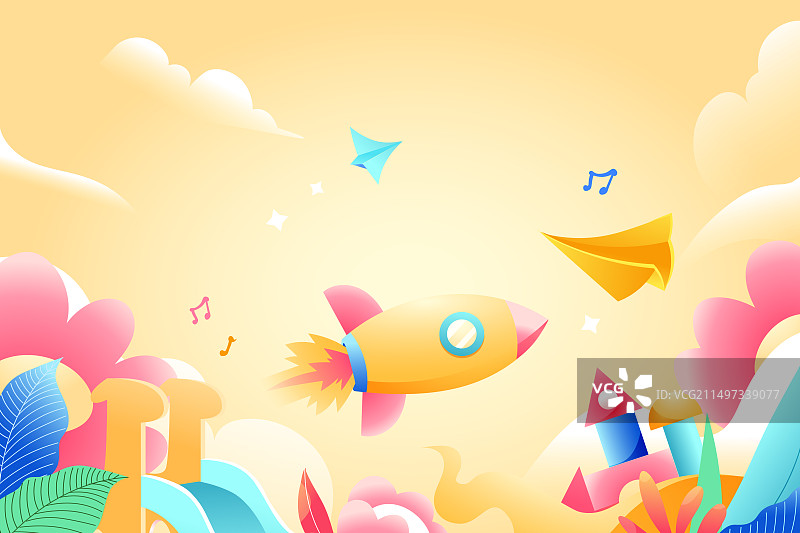 卡通六一儿童节夏季夏天暑期放假娱乐休闲生活带娃亲子家人学生游乐园火箭少儿玩具电商购物活动渐变矢量插画图片素材