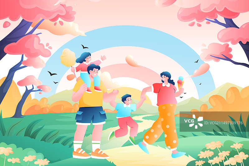 卡通亲子游父亲节家人家庭带娃夏季夏天暑假放假度假休闲娱乐活动生活方式户外踏青旅游公园海洋渐变矢量插画图片素材