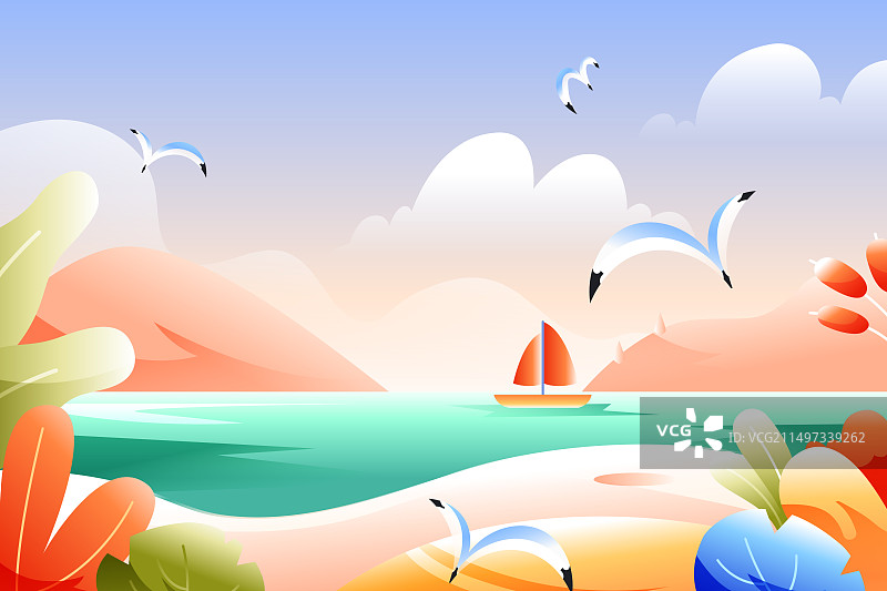 卡通夏季夏天女孩青年学生朋友暑期放假休闲娱乐生活城市旅游旅行露营登山户外旅途自然风景景观渐变矢量插画图片素材