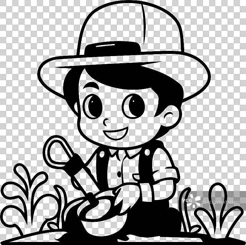 戴着狩猎帽，拿着铲子和水壶的男孩图片素材