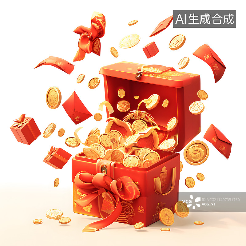 【AI数字艺术】礼品盒喷出金币插画图片素材