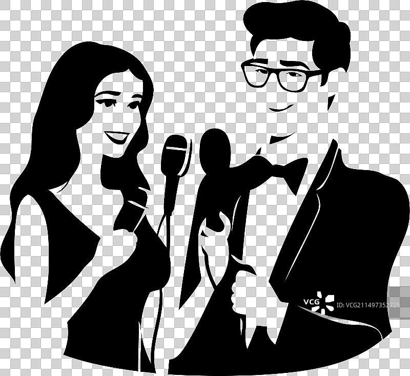 卡通电台主持人情侣与麦克风图片素材