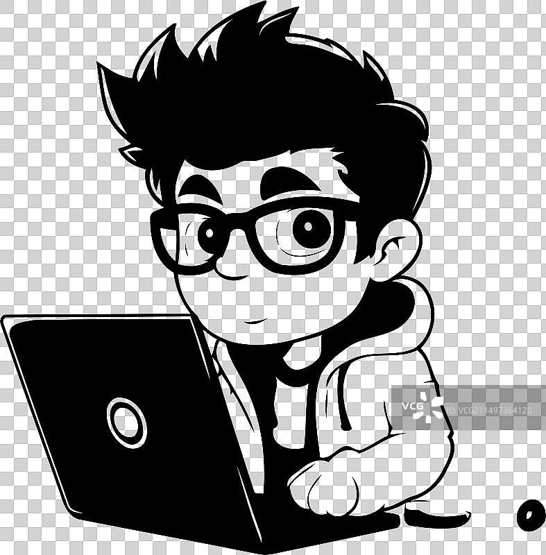 穿着实验服戴着眼镜使用笔记本电脑的男孩图片素材