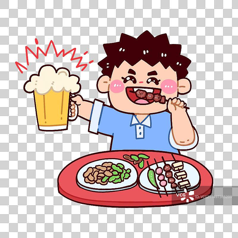 手绘卡通美食节吃宵夜吃烧烤喝啤酒男孩图片素材