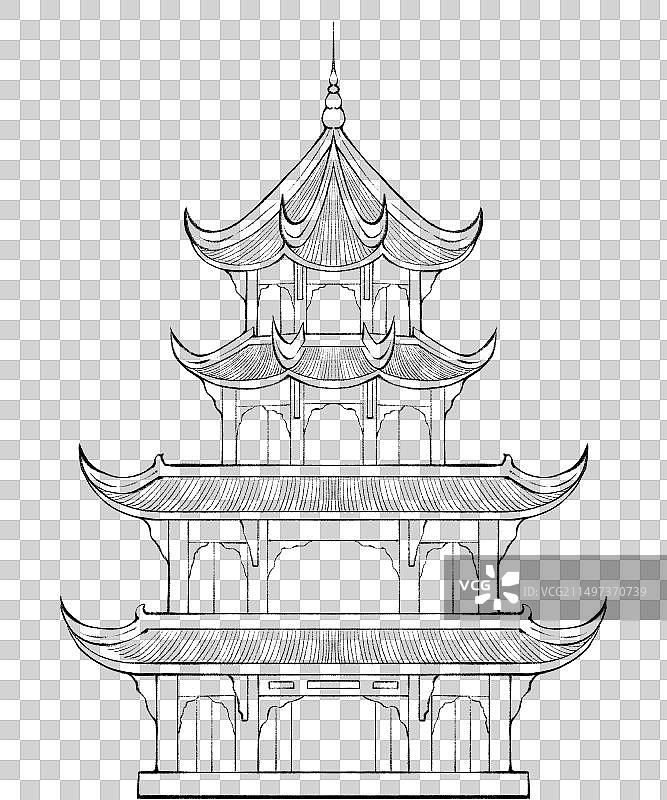 国风城市古建筑素材元素-成都望江楼线稿图片素材