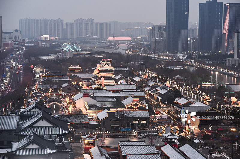 盐城盐镇水街夜景雪景鸟瞰图片素材