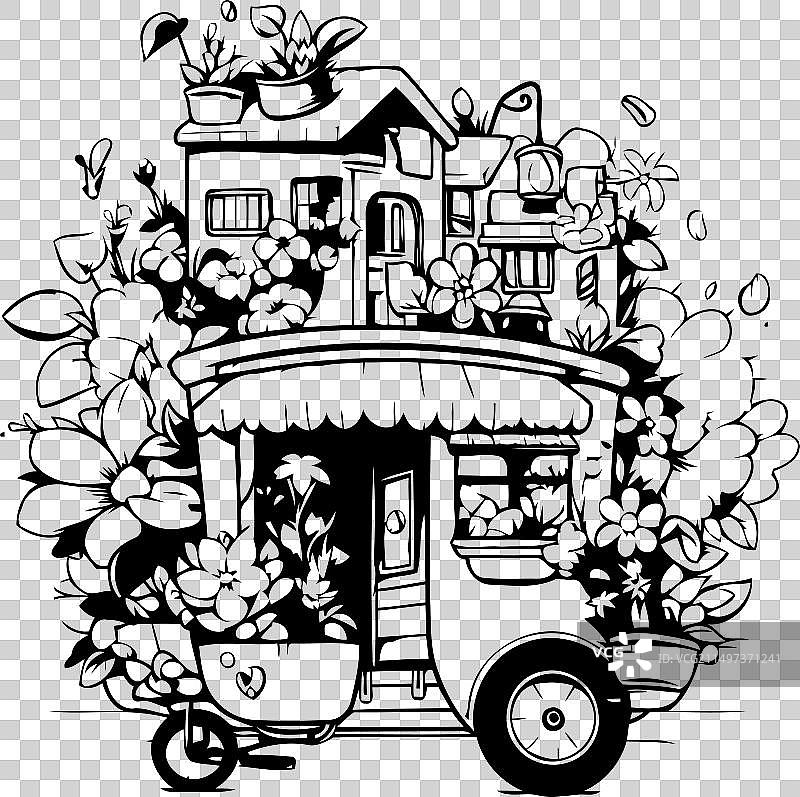 鲜花点缀的彩色街头餐车图片素材