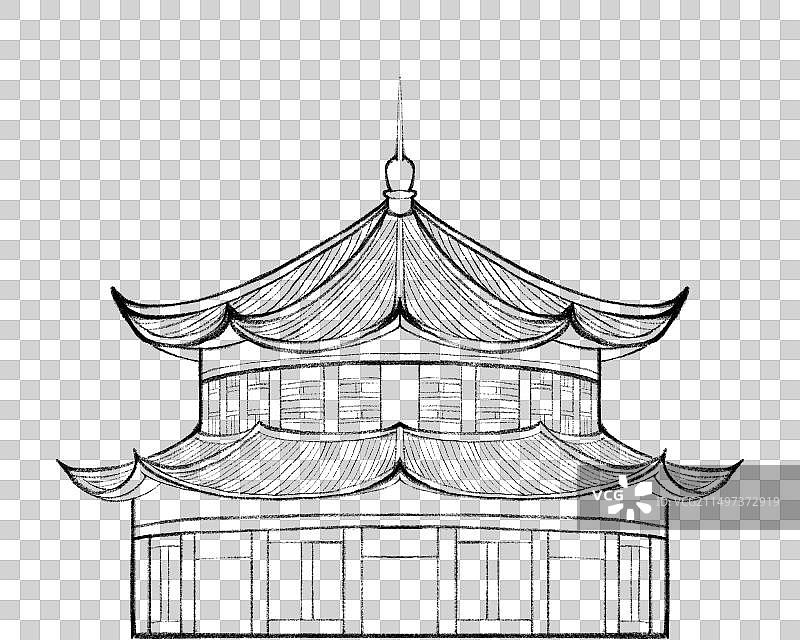 国潮风城市古建筑素材元素-山东省青岛市栈桥回澜阁线稿图片素材