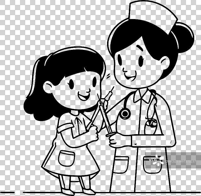 穿医疗制服的护士和卡通小女孩图片素材