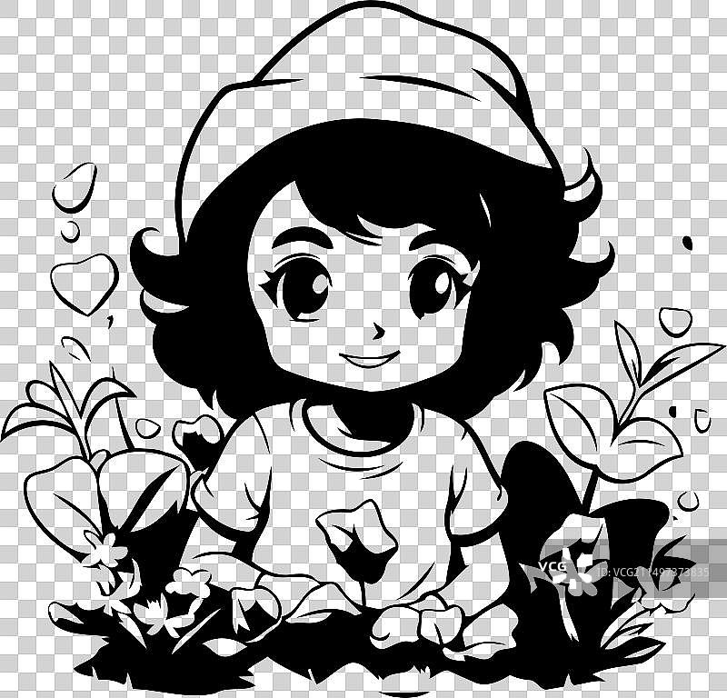 戴着绿色花帽的可爱小女孩图片素材