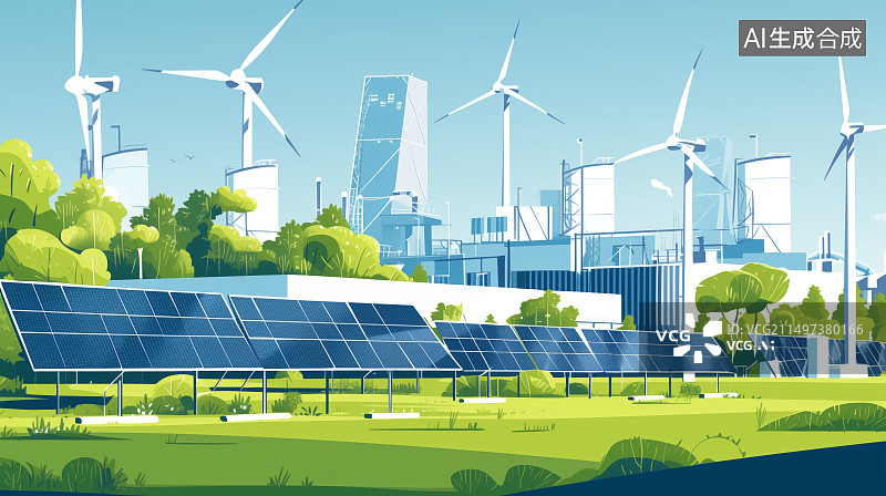 【AI数字艺术】传统风车与自然风光，未来风能建筑，未来替代能源，可持续发展插画图片素材