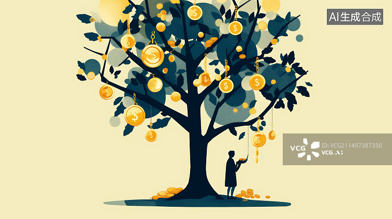 【AI数字艺术】一颗闪闪发光的摇钱树插画，投资理财概念插图图片素材