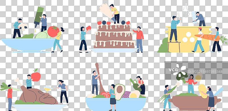 烹饪不同食物晚餐的迷你人物图片素材