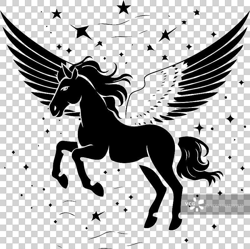 夜空中长着翅膀和星星的白马图片素材