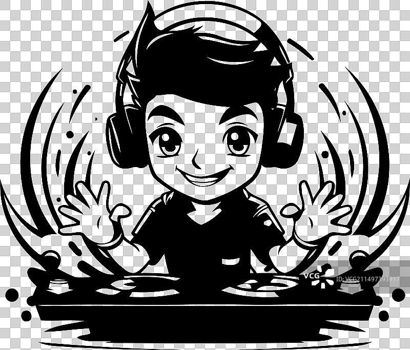 可爱男孩DJ在转盘上播放音乐图片素材