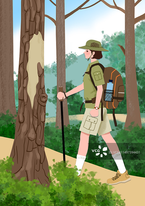 在树林里徒步的女子图片素材