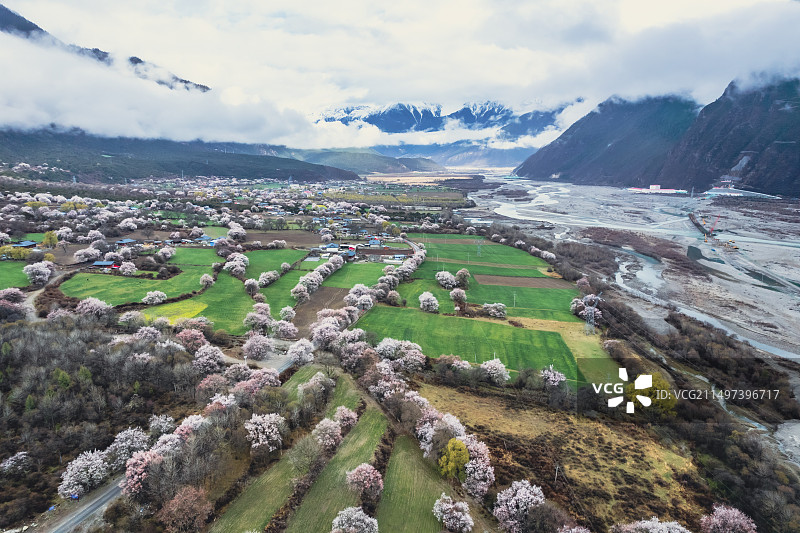 林芝桃花雪山田园和雅鲁藏布江图片素材