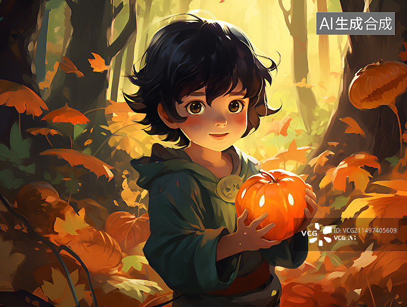【AI数字艺术】孩子手捧着南瓜灯图片素材