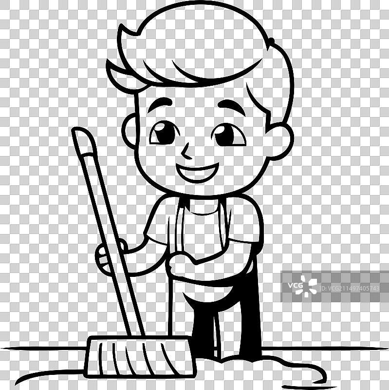 可爱男孩扫地图片素材